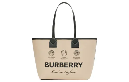 Burberry Label Print Cotton Medium London Tote Bag Beige/Black/Acrhive Beige