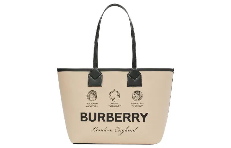 Burberry Label Print Cotton Medium London Tote Bag Beige/Black/Acrhive Beige