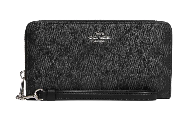 COACH Zip Around Coated Canvas With Leather Card Holder, Wallet Regular Women's Black