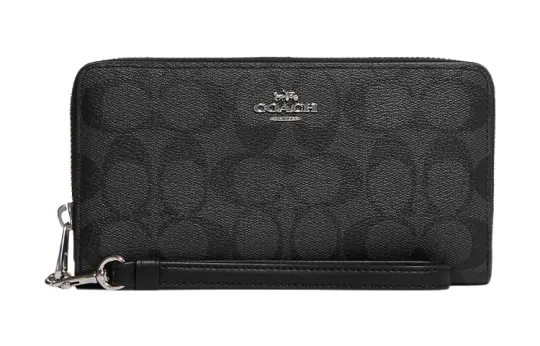 COACH Zip Around Coated Canvas With Leather Card Holder, Wallet Regular Women's Black