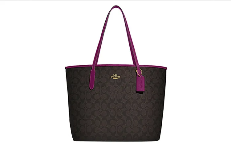 COACH City Coated Canvas With Leather Tote Handbag, Shoulder Bag Large Women's Brown & Red