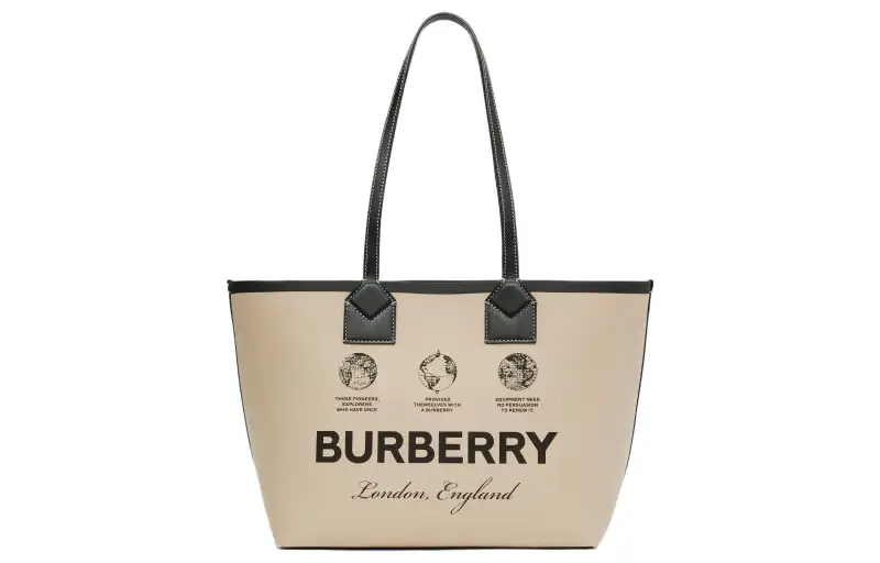 Burberry Cotton With Calfskin Tote Bag, Shopping Bag, Shoulder Bag, Handbag Small Women's Khaki