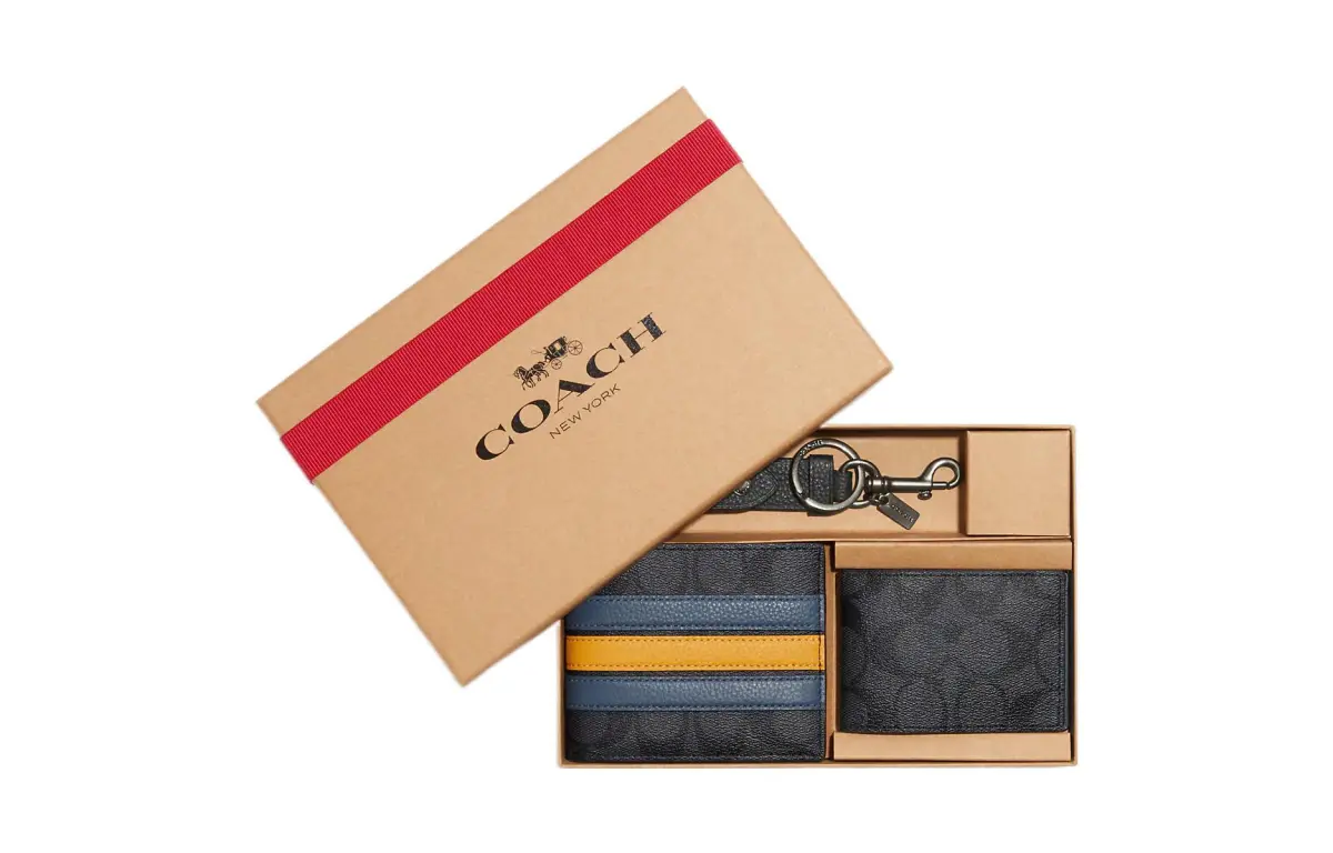 COACH 3 IN 1 Wallet Canvas With Pebbled Leather Card Holder, Wallet Men's Charcoal With Denim Color