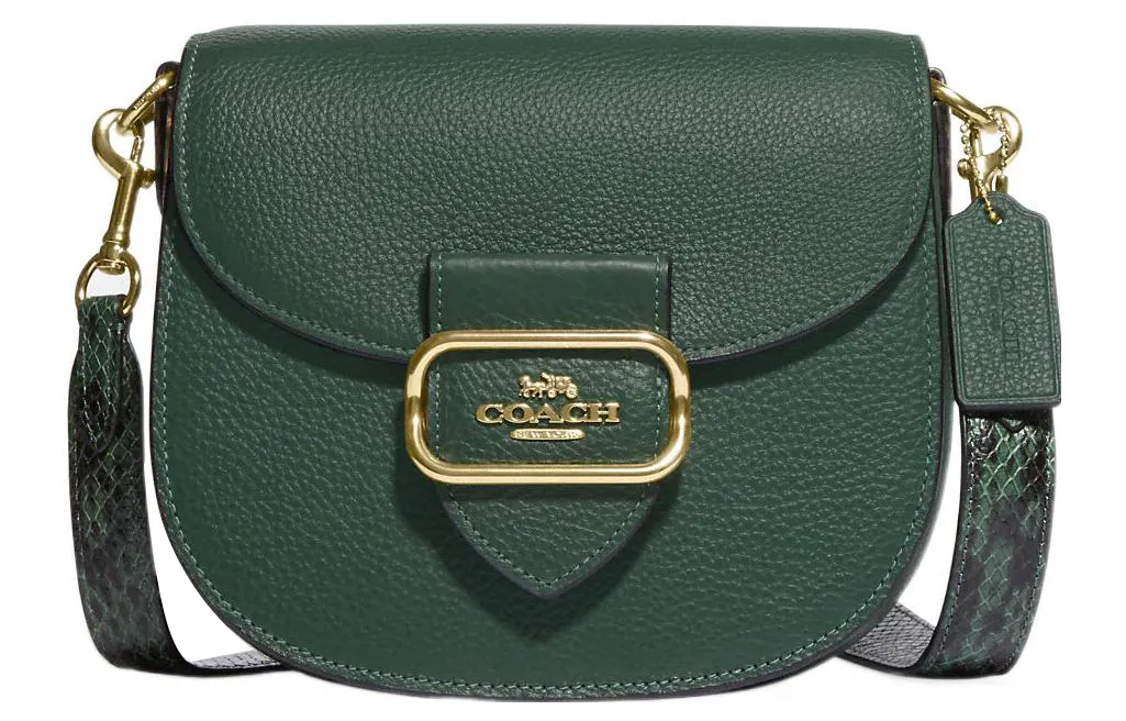 COACH Saddle Pebbled Leather With Snakeskin Print Embossed Leather Crossbody Bags Medium Women's Dark Green