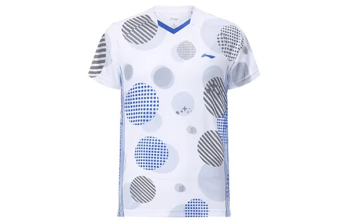 Li Ning T Shirts Men's Standard White/Crystal Blue V Neck Moderate Straight Fit
