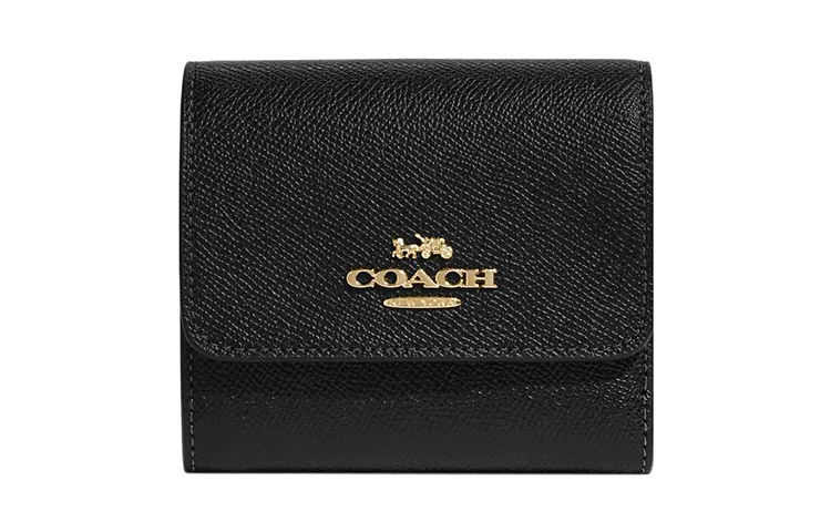 COACH Trifold Wallet Cross Grain Leather Card Holder, Wallet Women's Black