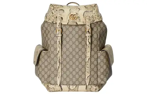 GUCCI Canvas With Python Skin Trim Backpack Men's Beige