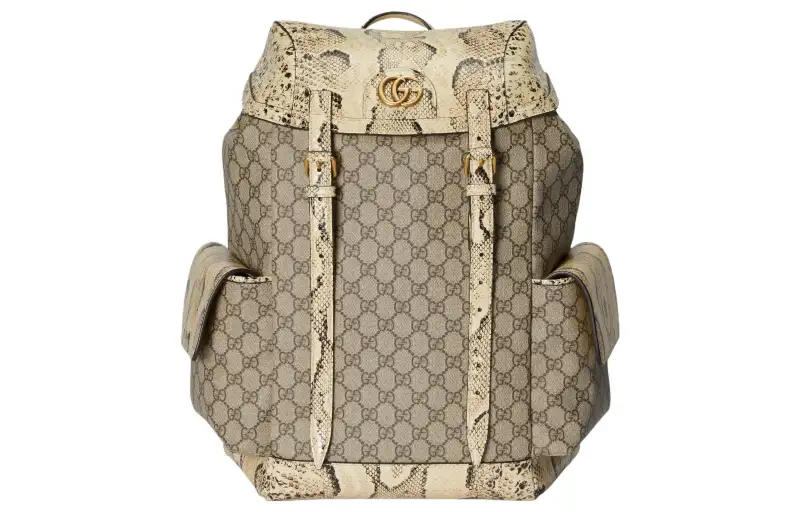 GUCCI Canvas With Python Skin Trim Backpack Men's Beige