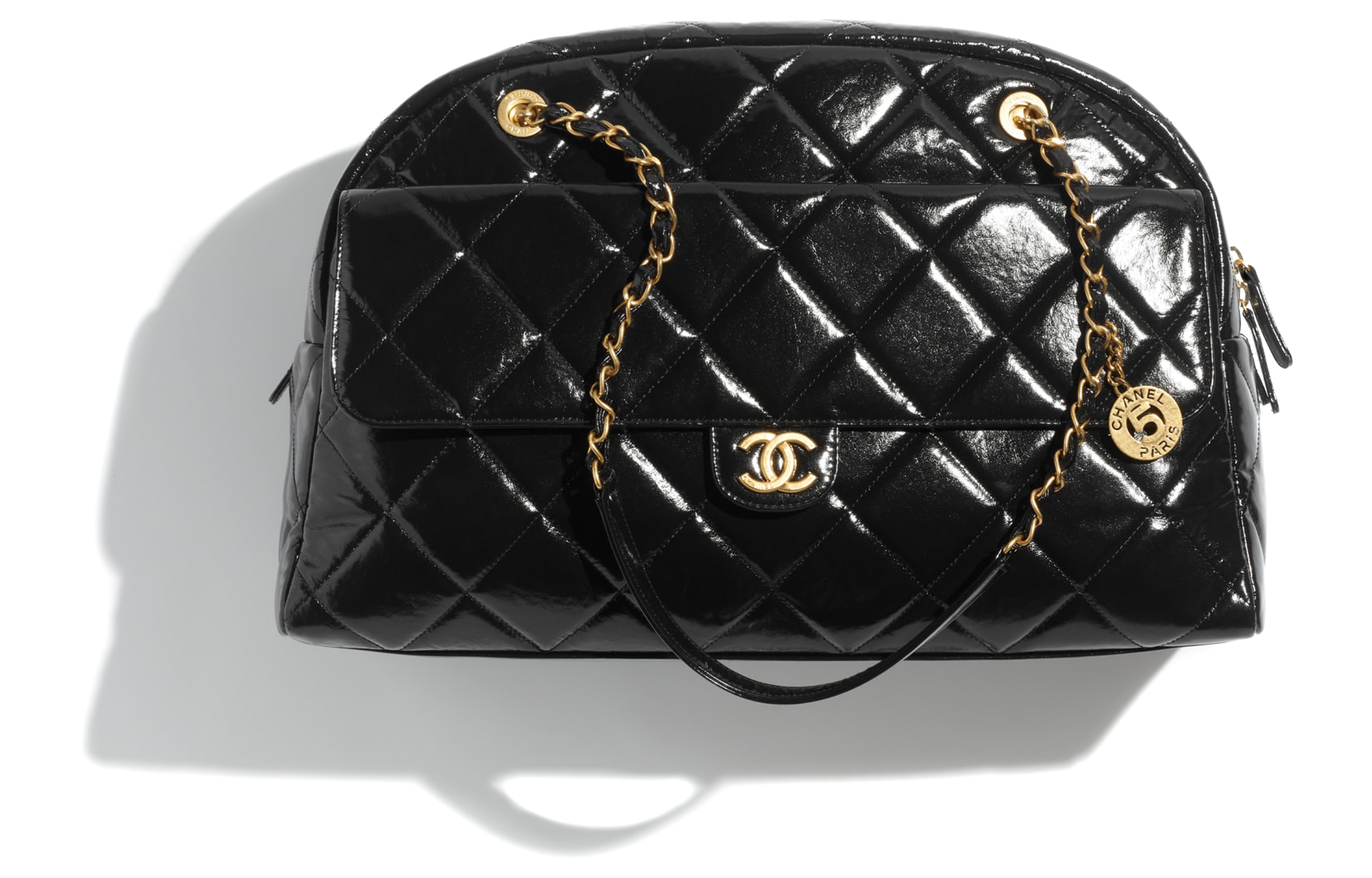 CHANEL Bright Color Wrinkle Calfskin With Gold Metal Bowling Bag, Shoulder Bag, Handbag Extra Large Women's Black
