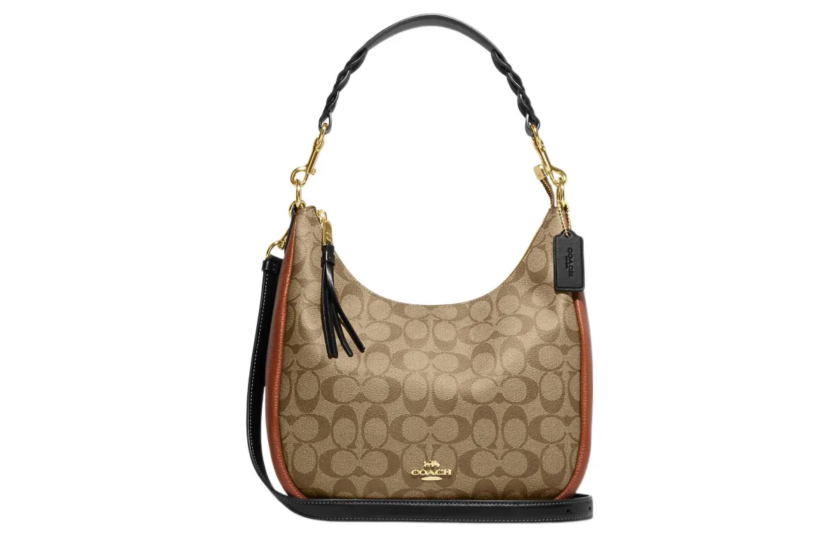 COACH Jules Canvas With Pebbled Leather Handbag, Shoulder Bag, Crossbody Bag Large Women's Khaki
