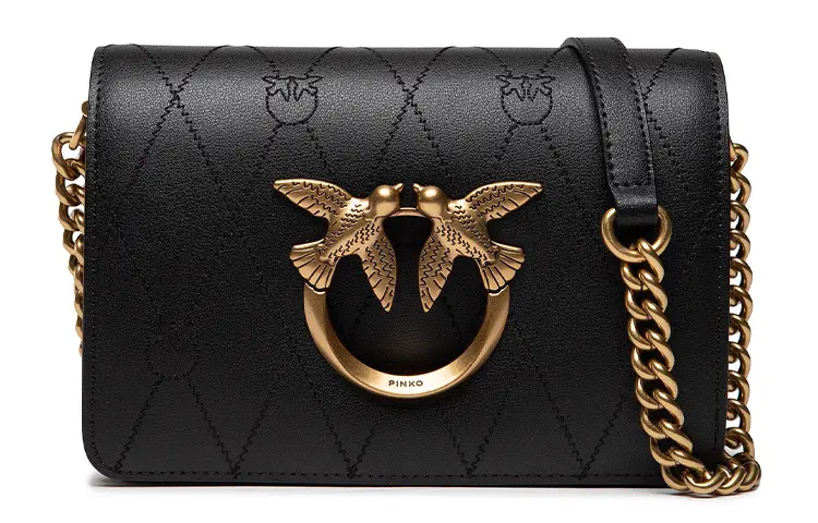 PINKO Click Series LoveBags Retro Diamond Check Simple Adjustable Shoulder Strap Cowhide Swallow Bag Shoulder Crossbody Bag Mini Women's Black
