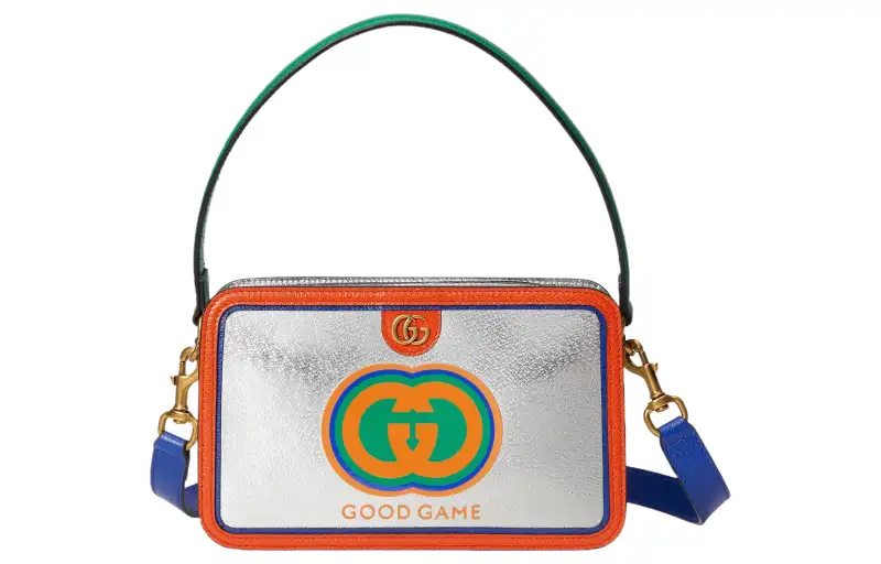 GUCCI Leather Portable Crossbody Bag, Shoulder Bag Regular Men's Silver/Orange