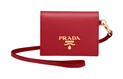 PRADA Saffiano Leather Lanyard Wallet Card Holder Women's Red