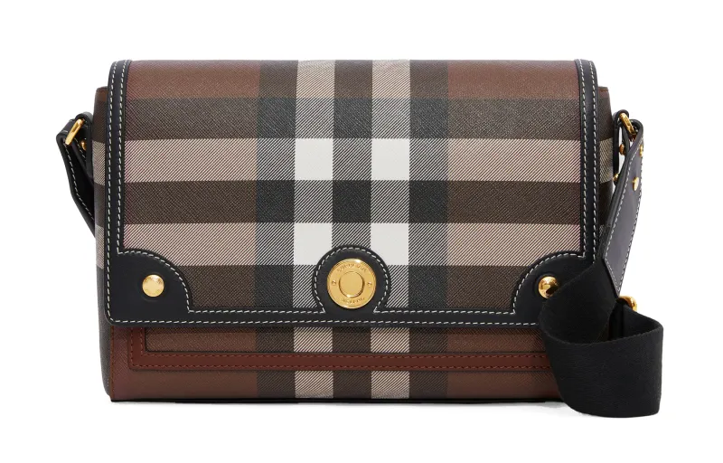 Burberry Exaggerated Check And Leather Note Crossbody Bag Dark Birch Brown