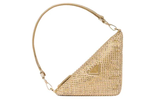 PRADA Triangle Faux Crystal Satin Fabric One Shoulder Handbag Mini Women's Gold