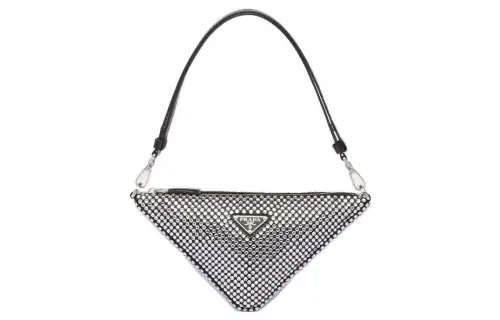PRADA Triangle Faux Crystal Satin Fabric One Shoulder Handbag Mini Women's Black