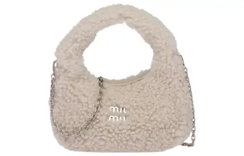 MIU MIU Shearling Hobo Bag, One Shoulder Handbag Women's Ivory