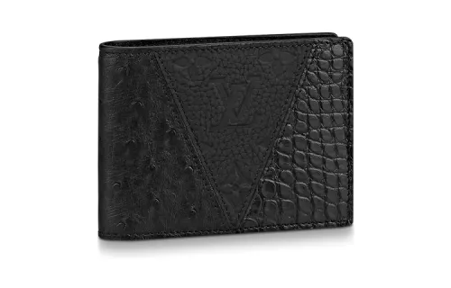 LOUIS VUITTON Multiple Crocodile Leather With Ostrich Leather With Leather Wallet Men's Black