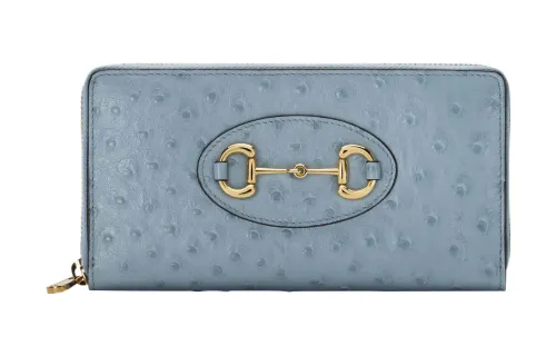GUCCI Horsebit 1955 Ostrich Leather Wallet Women's Light Blue