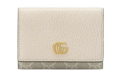 GUCCI GG Marmont Leather Paneled Canvas Card Holder, Wallet Women's White