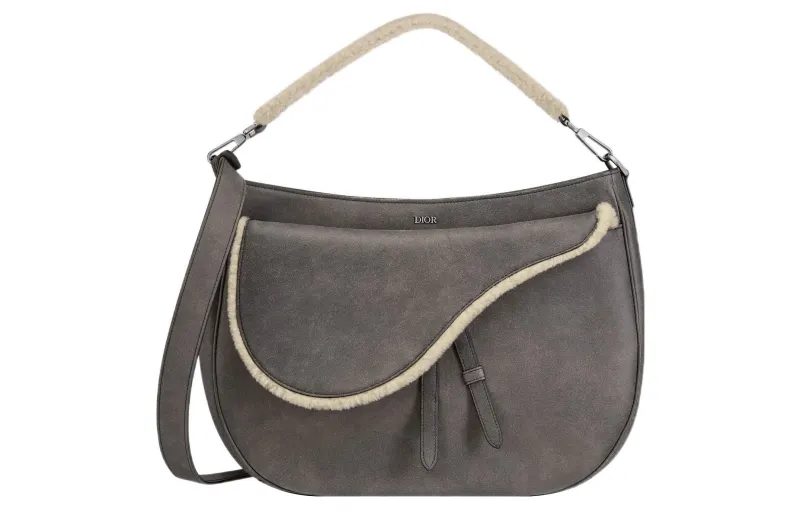 DIOR Saddle Shearling One Shoulder Handbag Men's Dark Gray
