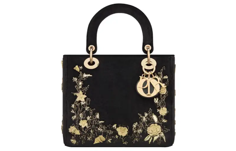 DIOR Lady Dior Pattern Embroidery Velvet Handbag Shoulder Bag, Crossbody Bag, Handbag Medium Women's Black