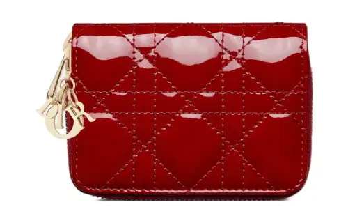 DIOR Lady Dior Patent Leather, Cow Leather Wallet Small Women's Cherry Red