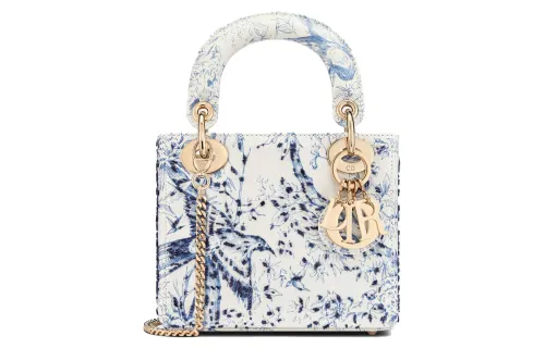 DIOR Lady Dior Bead Ornament Embroidery Cow Leather Handbag Mini Women's White/Blue