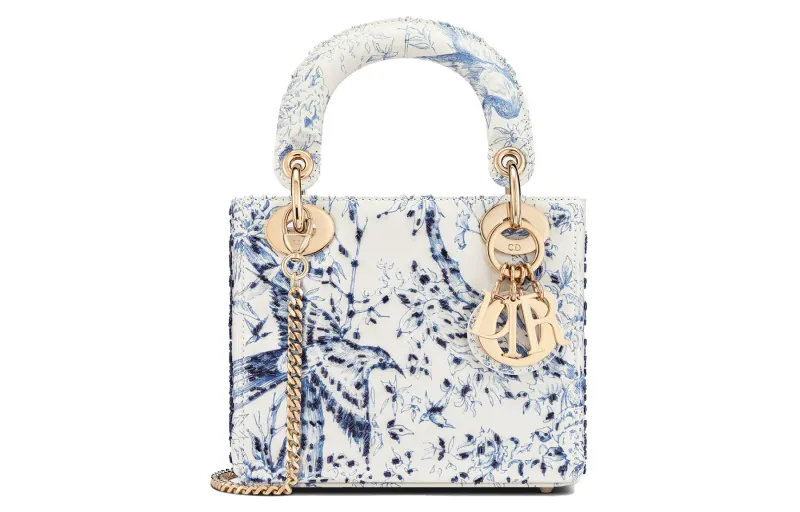 DIOR Lady Dior Bead Ornament Embroidery Cow Leather Handbag Mini Women's White/Blue