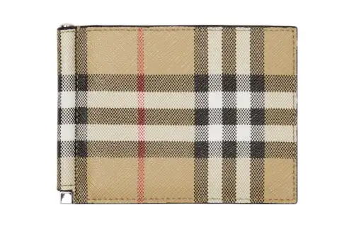 Burberry Check Money Clip Bifold Wallet Beige
