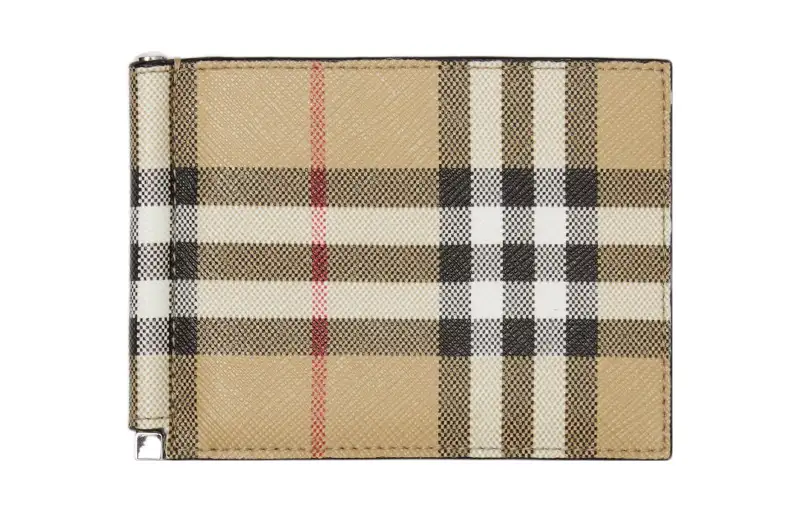 Burberry Check Money Clip Bifold Wallet Beige