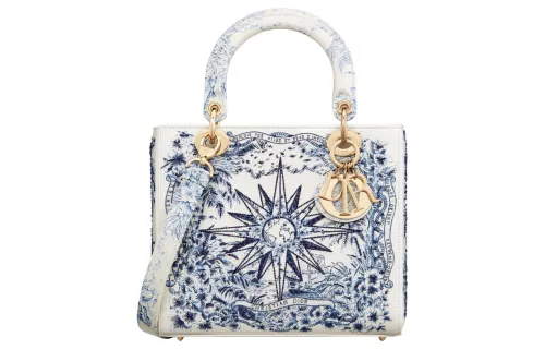 DIOR Lady Dior Embroidery Cow Leather Handbag, Shoulder Bag, Crossbody Bag, Handbag Medium Women's Blue & White