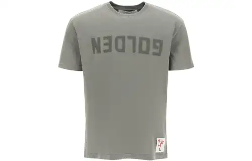 Golden Goose T Shirts Men's Gray Green Crew Neck Moderate Straight Fit