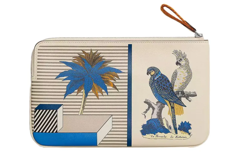 HERMES Carre Pocket Silver Tone Buckle Swift Calfskin Clutch Regular Women's White Blue