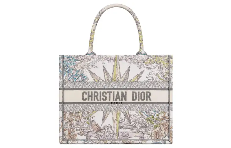 DIOR BookTote Embroidery Tote Bag, Shopping Bag, One Shoulder Handbag Medium Women's White/Multicolor