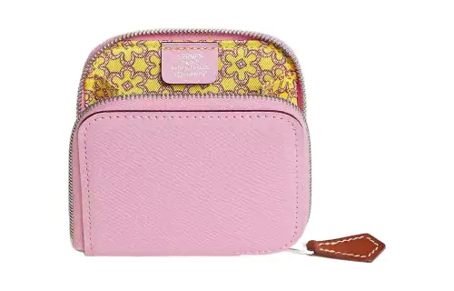 HERMES Silk'In Zip Closure Epsom With Barenia Calfskin Wallet Coin Purse Women's Forest Purple/Lemon/Copper Red