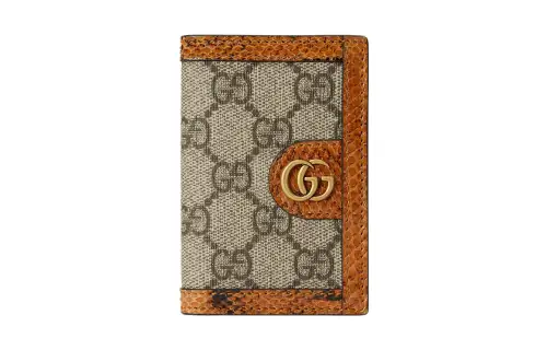 GUCCI Ophidia Canvas With Python Skin Trim Wallet, Card Holder Men's Tan
