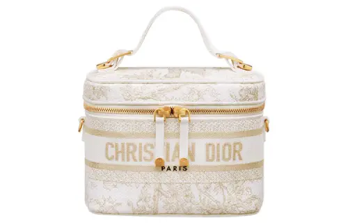 DIOR DiorTravel Fabric Toiletry Bag Portable One Shoulder Crossbody Makeup Bag Small Women's White/Light Gold