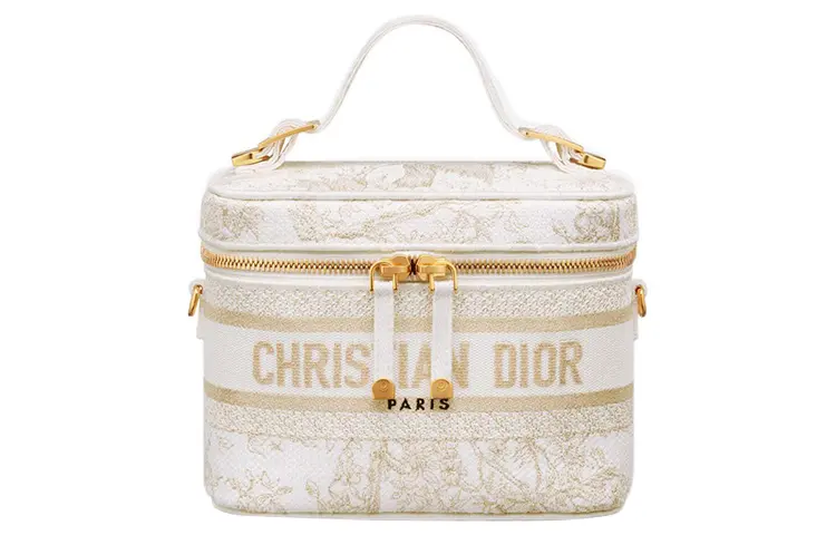 DIOR DiorTravel Fabric Toiletry Bag Portable One Shoulder Crossbody Makeup Bag Small Women's White/Light Gold
