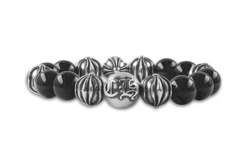 Chrome Hearts Obsidian Beaded Bracelets Unisex Silver