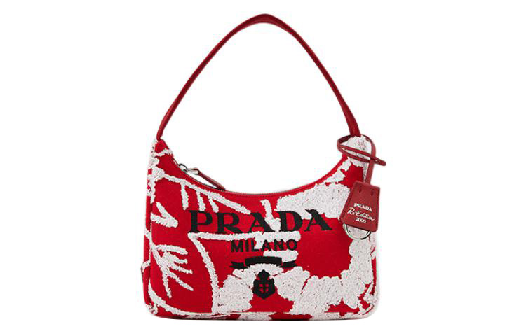 PRADA Re Edition Fabric Embroidery Detail Hobo Bag, Shoulder Bag, Handbag Regular Women's Red
