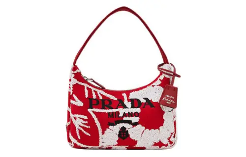 PRADA Re Edition Fabric Embroidery Detail Hobo Bag, Shoulder Bag, Handbag Regular Women's Red
