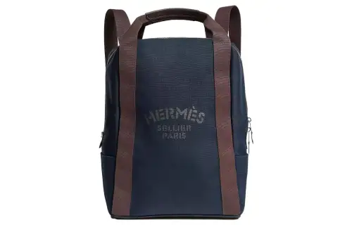 HERMES Groom Cotton Blend With Barenia Calfskin Backpack Unisex Marine Blue/Flame Orange