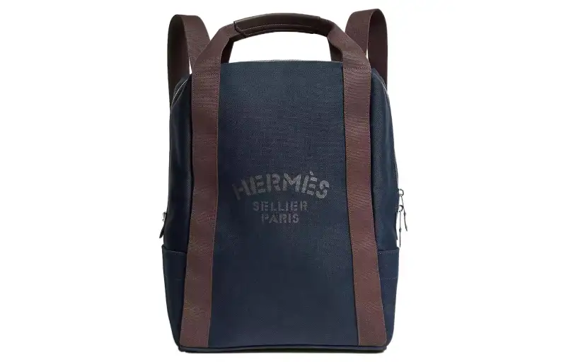 HERMES Groom Cotton Blend With Barenia Calfskin Backpack Unisex Marine Blue/Flame Orange