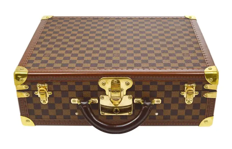 LOUIS VUITTON Plaid Canvas With Leather Storage Box Hard Case Unisex Brown