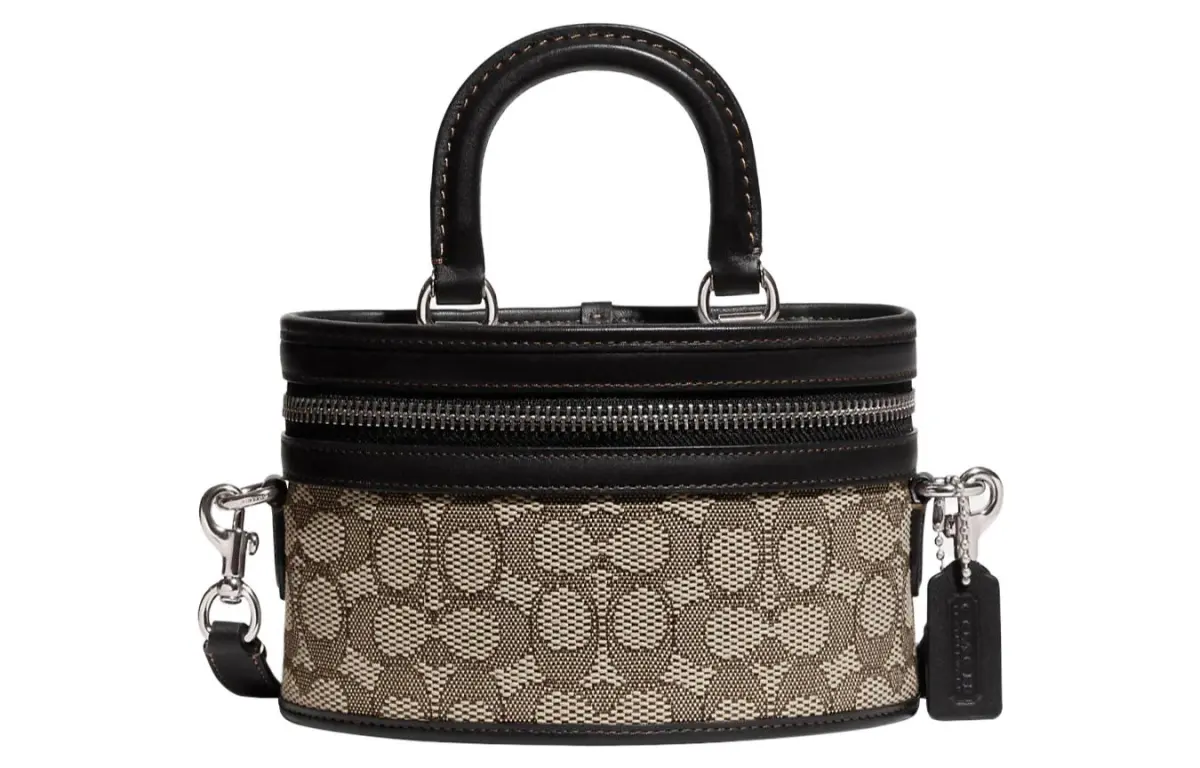 COACH Trail Jacquard Fabric With Glove Tanned Leather Shoulder Bag, Crossbody Bag, Handbag Small Women's Black & Umber