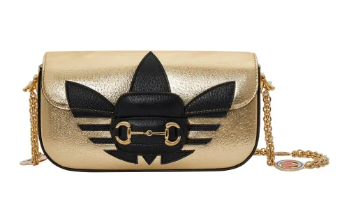 GUCCI Adidas Originals Collaboration Leather Portable Crossbody Bag, Shoulder Bag Women's Black & Gold