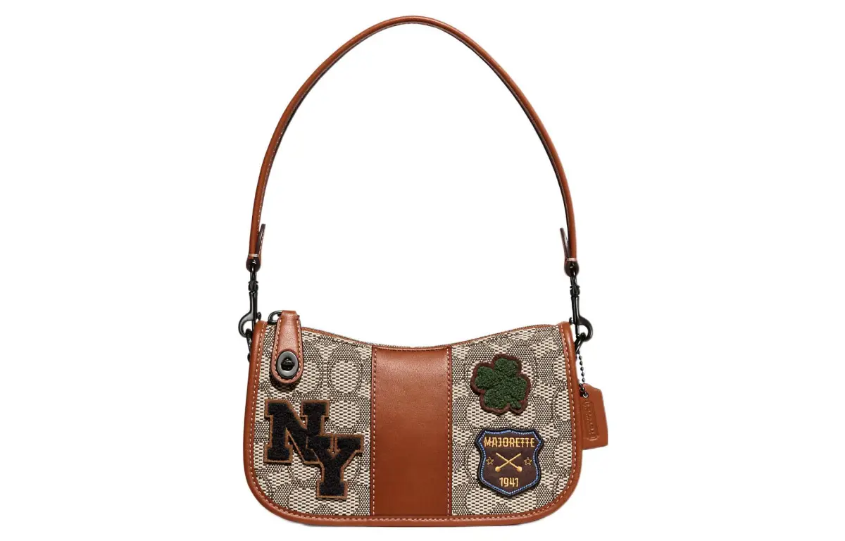 COACH Swinger Jacquard Fabric With Glove Tanned Leather Handbag, Shoulder Bag Women's Amber