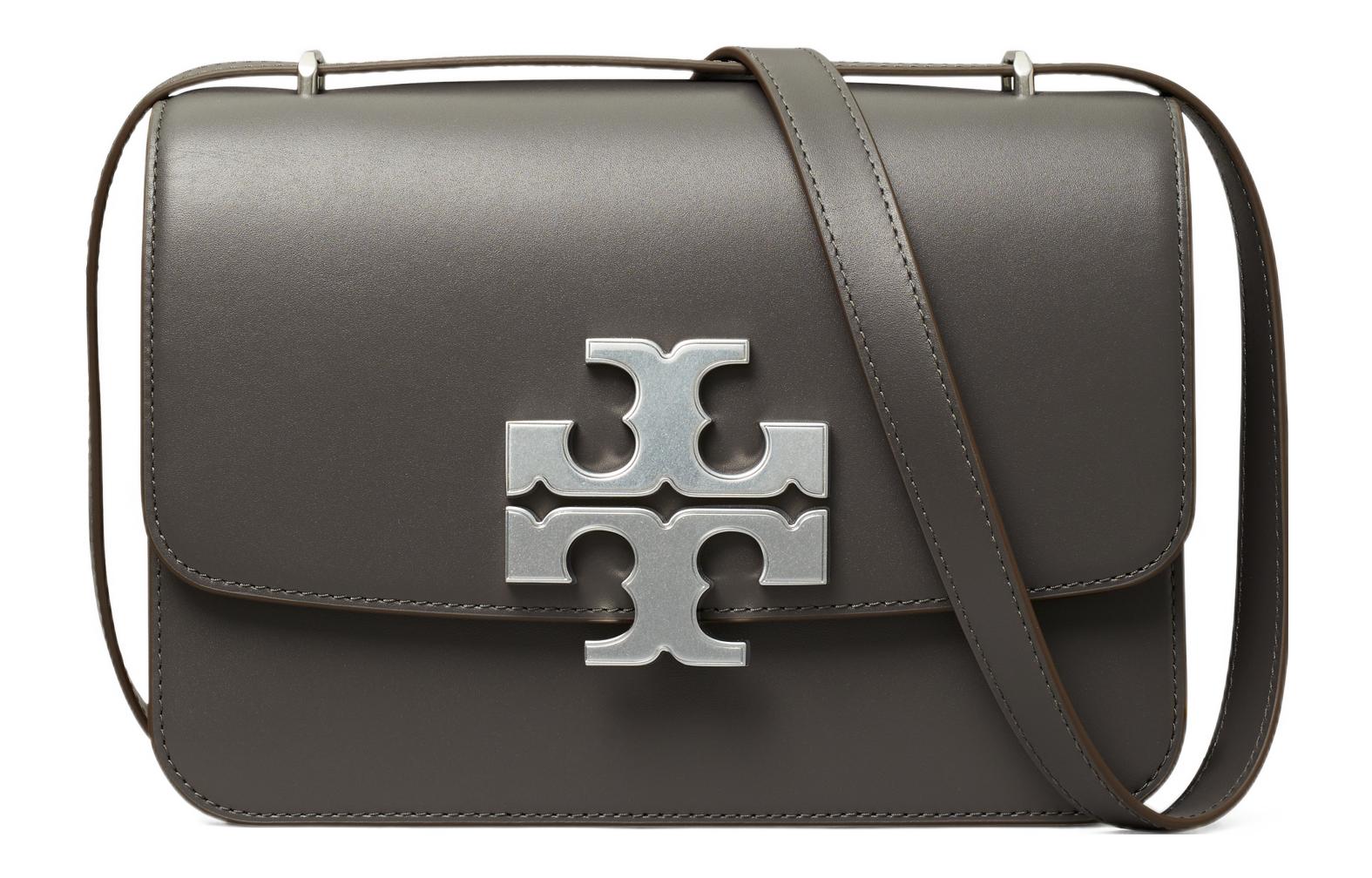 TORY BURCH Tangli Baiqi Eleanor 24 iconic brushed nickel TLogo dual-purpose twist rope shoulder strap magnetic buckle flip closure leather crossbody shoulder bag women's dark gray