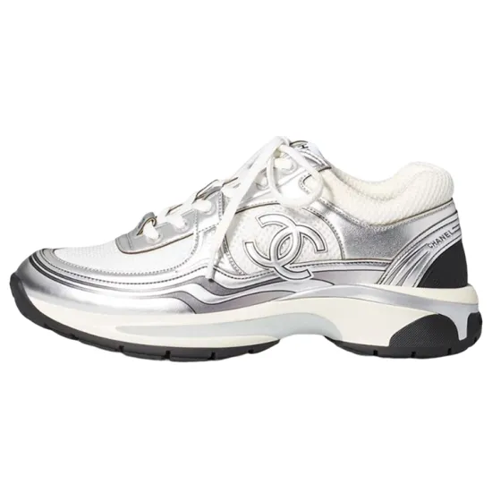 CHANEL CC Logo Sneakers White Silver Women's